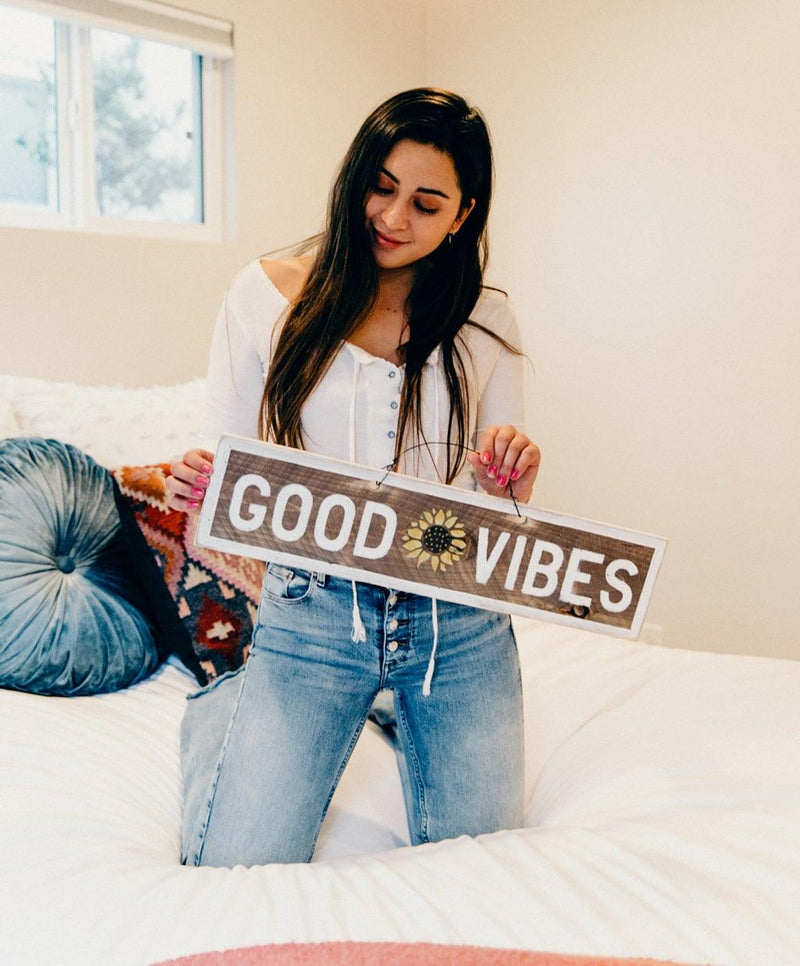 Good Vibes with sunflower wood sign | Weathered Signs
