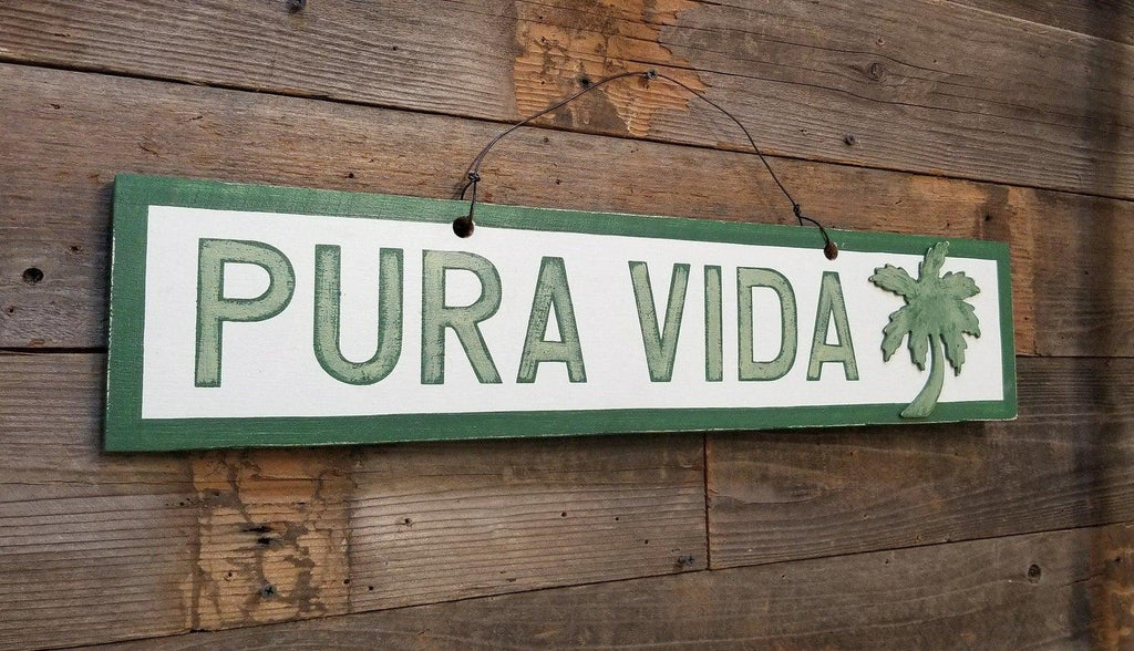 Pura Vida Sign w/ Palm Tree - Weathered Signs